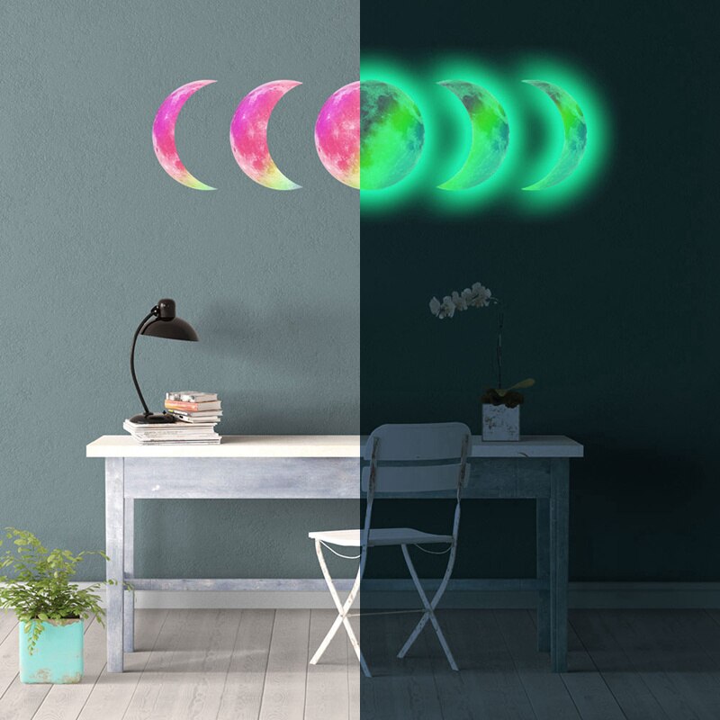 Lichtgevende Maan Fase Diagram 3D Muurstickers Voor Kinderkamer Woonkamer Plant Glow In The Dark Stickers Wall Art home Decor: Rainbow Green Light