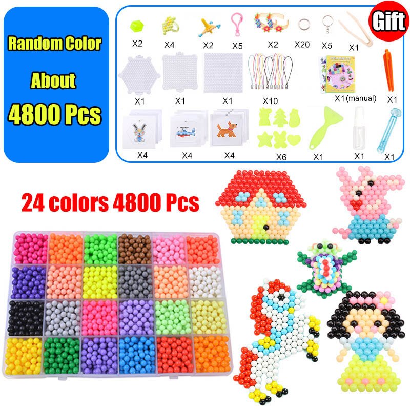 Refill Hama Beads Puzzle 3D Handmade Magic Aquabeads DIY Water Spray Beads Set Ball Games Children Toys for girls: 24Color 4800P