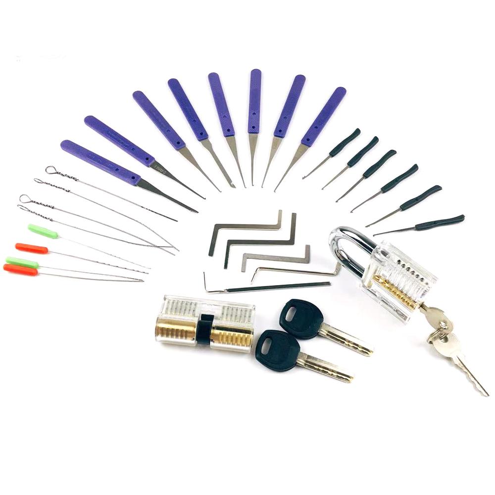 5 in 1 Lock Pick Set Combination for Beginner Training,2pcs Transprent Practice Lock ,12pcs+10pcs Broken Key Remove Tool,5pcs Te
