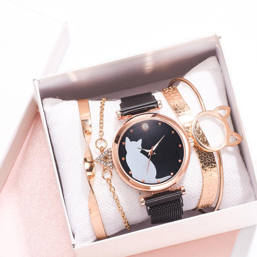 5 st/set dam klockor roséguld armband set kattmönster svart magnet klocka dam armband armbandsur lyx kvarts klocka