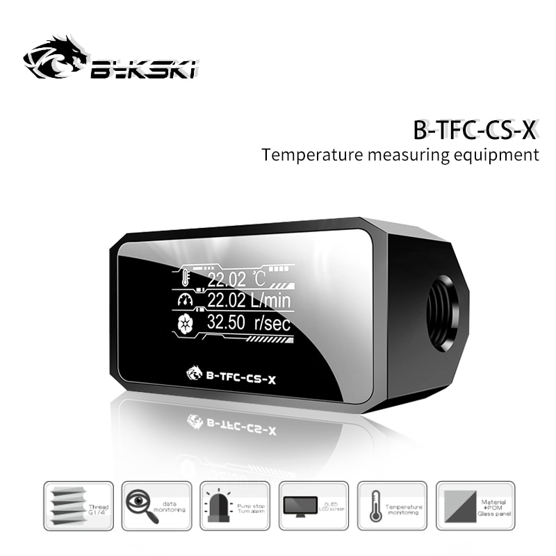 Bykski B-TFC-CS-X,PC Liquid Cooler Flowmeter Thermometer,Flow+Flow Rate+Temper 3 In 1 Water Cooling Monitor Digital OLED Display