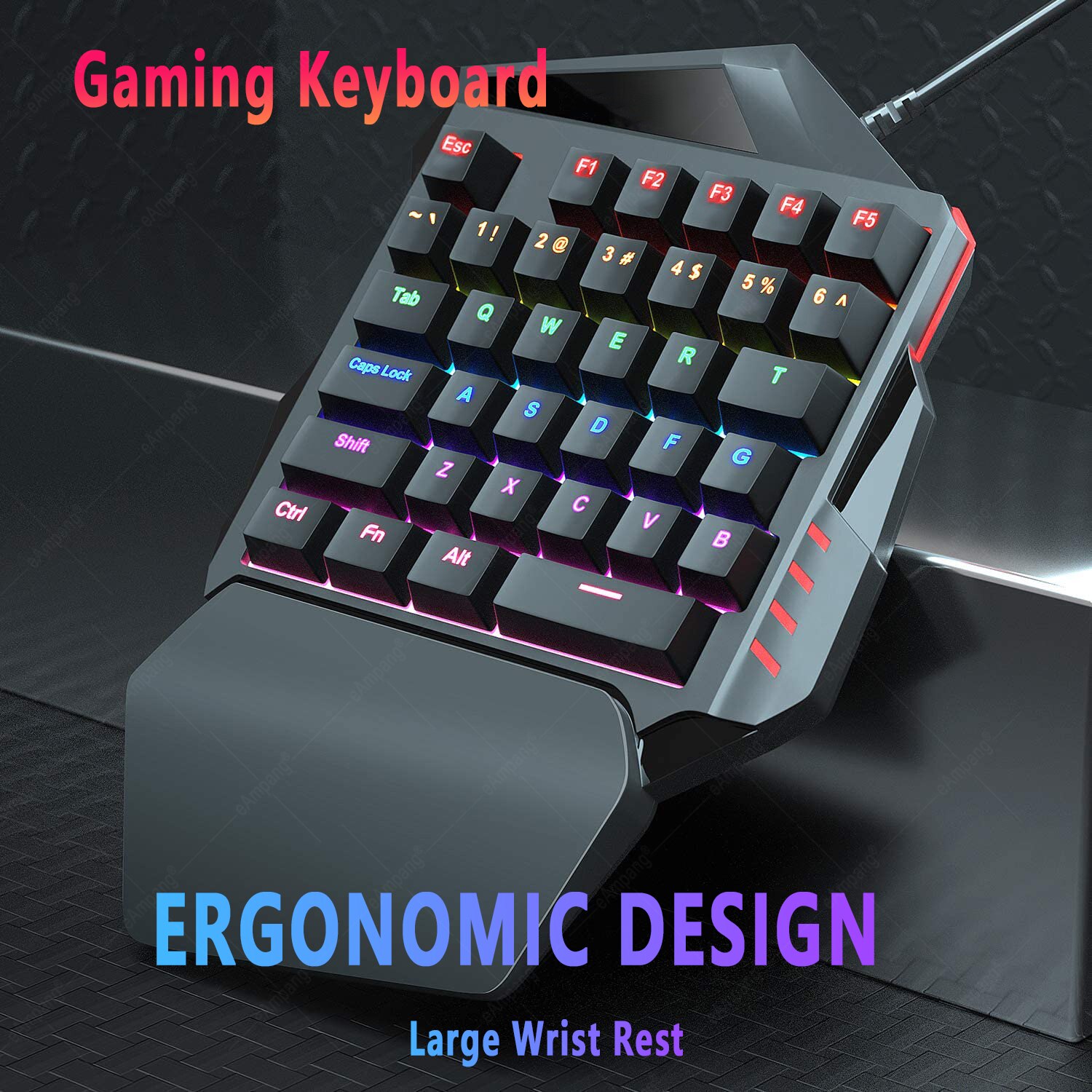 One-Handed Gaming Keyboard for PC Gamers RGB Backlit 35-Key Portable Gaming Keyboard Ergonomic Gaming Controller Wrist Rest