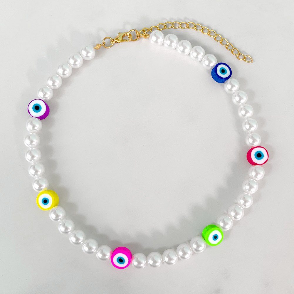 Boho Evil Eye Smile Pearl Beaded Necklace For Women Imitation Pearl Christmas Y2K Happy Face Choker Collar Party Jewelry: 075401MC