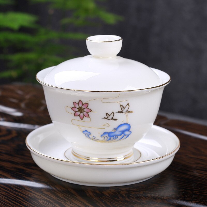 Høj kvalitet suet jade keramisk tekop stor tre-talent dæk skål te maker håndlavet hvid porcelæn skål
