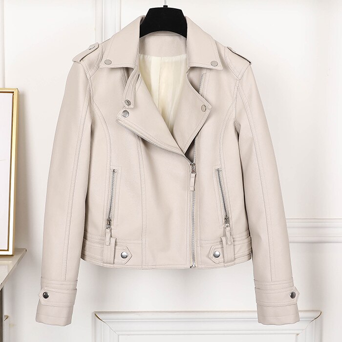 Sungtin Women Faux Leather Jacket Beige Casual Slim Motorcycle Biker Leather Coat Female Punk Streetwear Spring Autumn Jackets: Beige / S