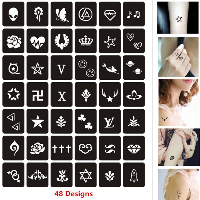48 Ontwerpen Kleine Formaat Henna Stencil Diy Tekening Airbrush Body Stencils Bloem Kroon Kat Glitter Tattoo Stencil Henna Templates