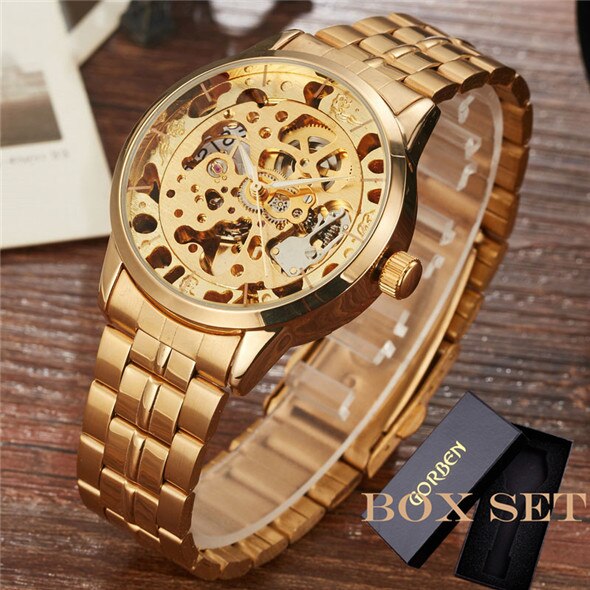 Shenhua Luxe Full Staal Golden Automatische Mechanische Horloge Mannen Zilver Skeleton Analoge Horloge Mannelijke Relogio Mascualino: S007BOX