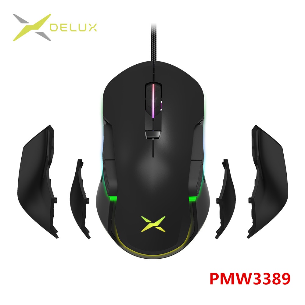 Delux M627S PMW3389 sensor Wired Gaming Mouse 8 Buttons 16000 DPI RGB Backlight Optical Left and Right hand Mice DIY Side Wings