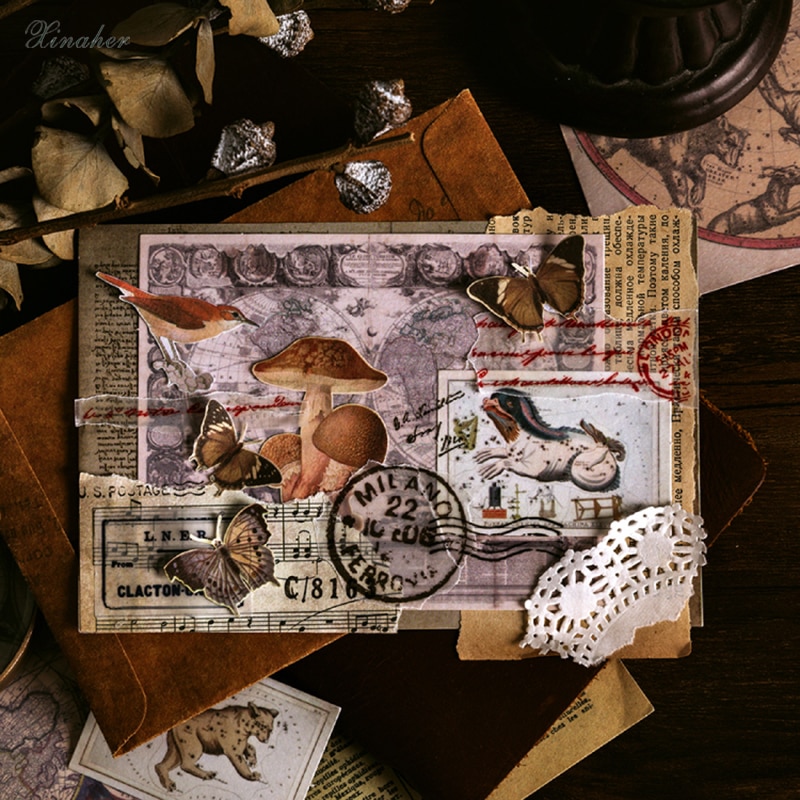Xinaher 60 st / väska vintage fjäril fern växter fågel papper klistermärke dekoration klistermärken diy dagbok scrapbooking etikett klistermärke