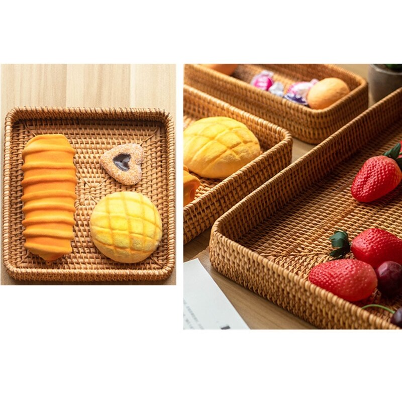 Rattan Storage Basket Rectangular Wicker Hand Woven Fruit Candy Bread Organizer