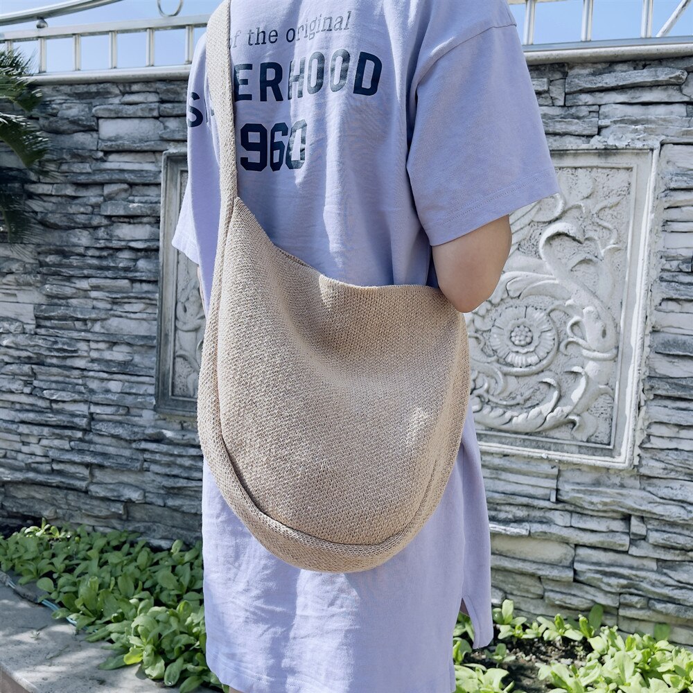 Messenger Bag Women Casual Wool Knitted Shoulder Bags, Student Cross Body Bags Female Simple Woven Solid Color Tote: Beige