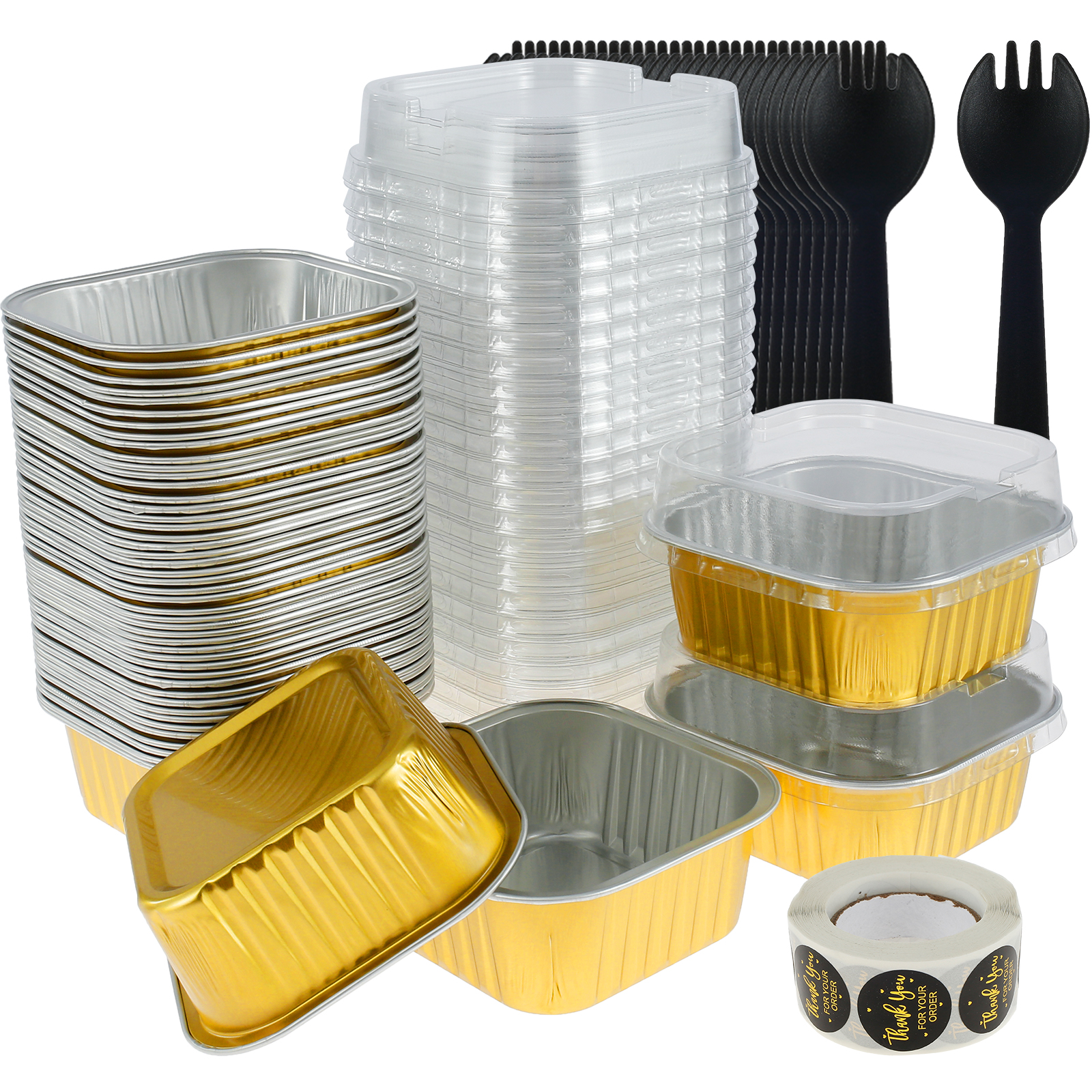 50 Uds Mini moldes para pasteles con tapas y cucharas, moldes para hornear de papel de aluminio, Mini contenedores para pan, latas para muffins, moldes para pan, herramientas de cocina: Rosa