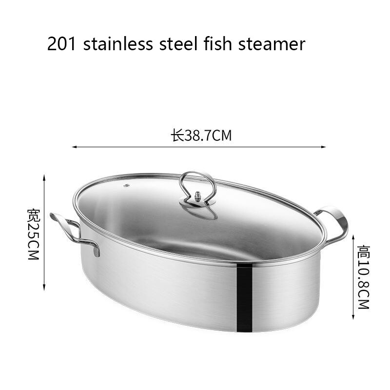 HE-Stainless Steel Thickened Oval Fish Steamer Glass Cover Soup Steamer Kitchen Multi Purpose Cooker