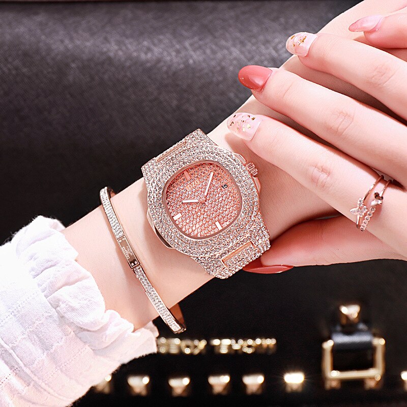 Topp luksus dame armbånd klokke krystall armbåndsur dame klokker kjole dame kvarts klokke dropshiping reloj mujer: Rose gull