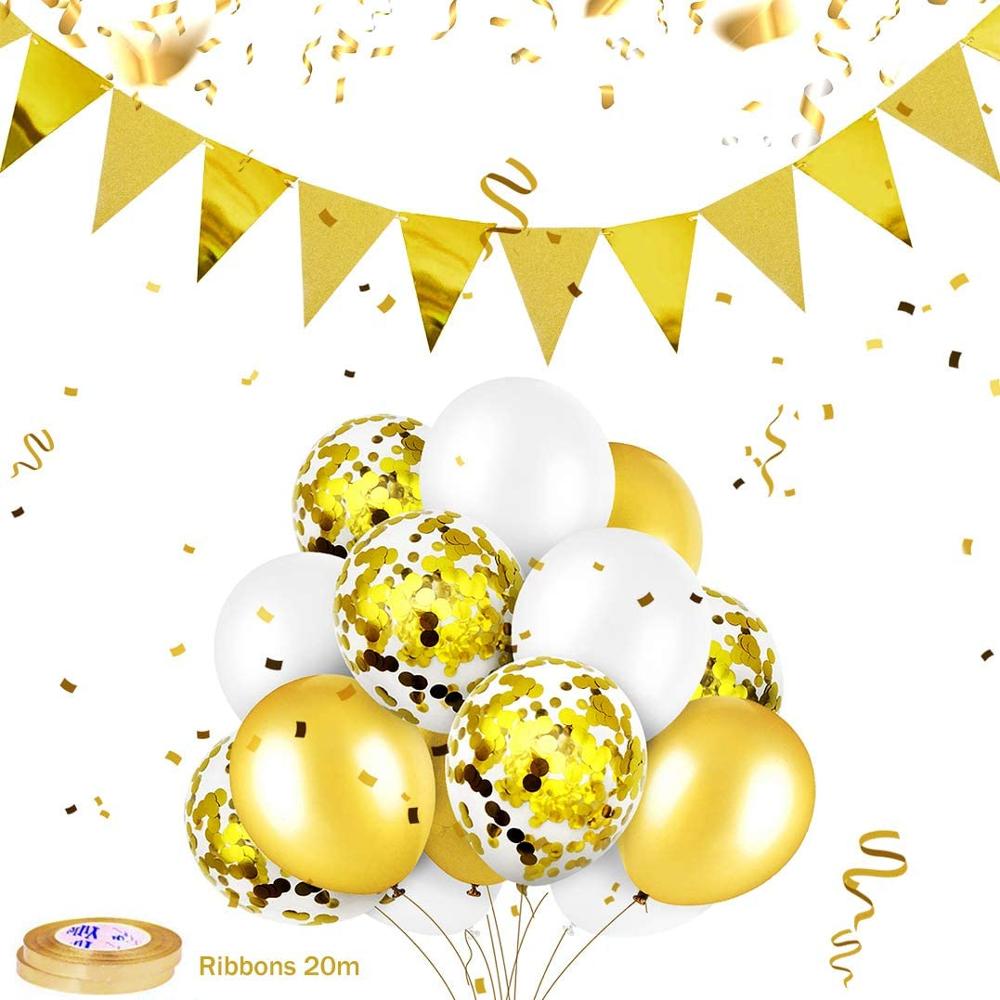 Gold birthday party decoration happy birthday banner balloon gold triangle logo bunting heart star confetti balloon cake top hat