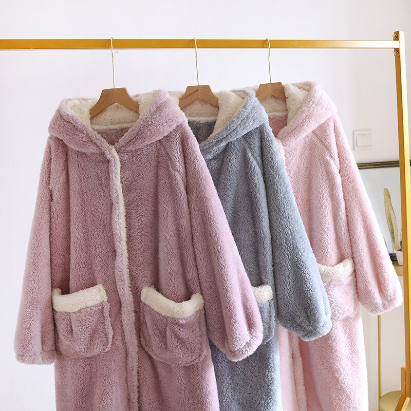 Autumn Winter Thicken Women Warm Soft Flannel Coral Fleece Long Bath Robe Women Bathrobe Dressing Gown Robes