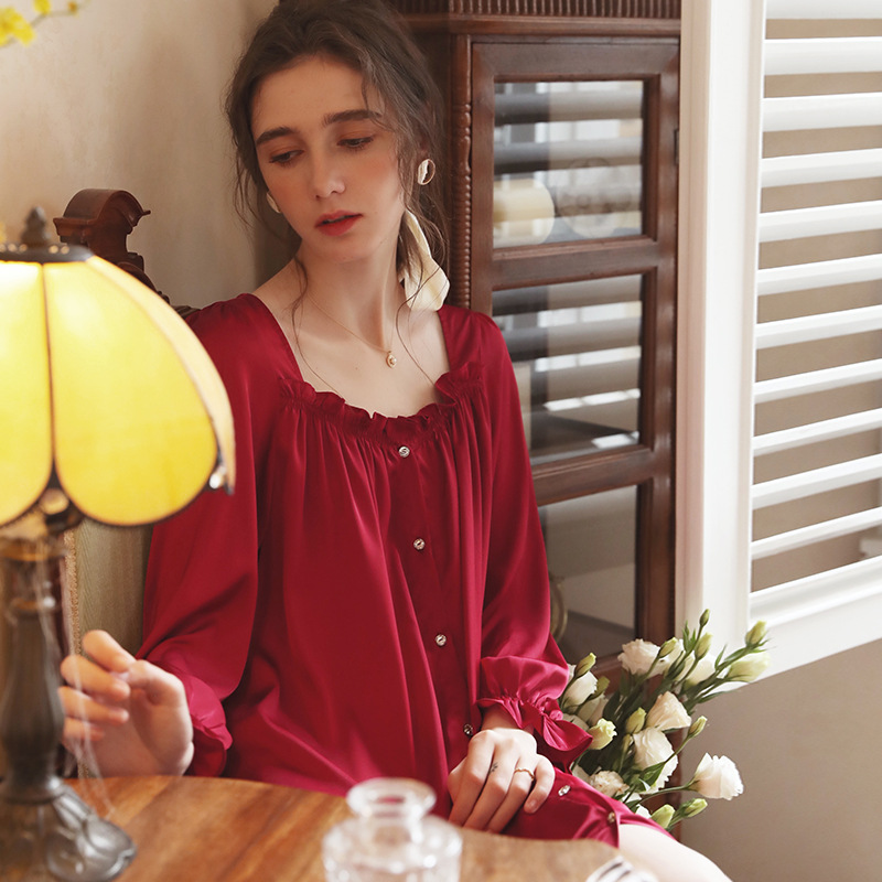 Women Satin Nightwear Autumn Ice Silk Romantic Nightgown Long Sleepshirts Comfy Sleepwear Peignoir Vintage Victorian Night Dress