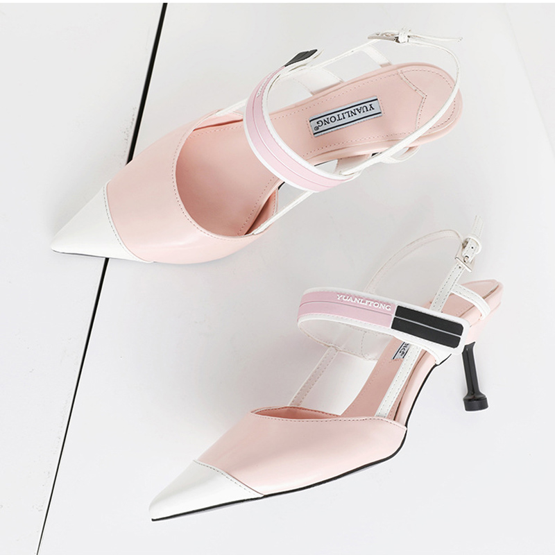 Stitching Pink color high heels women Pointed kitten heel sandals women Thin back slingback women pumps shoes