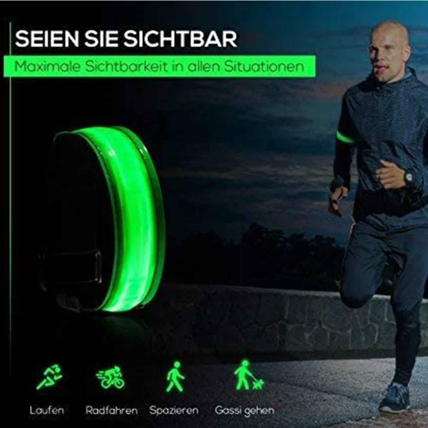 Brazalete luminoso para correr de noche con carga USB, pulsera para deportes al aire libre, cinturón de seguridad reflectante para ciclismo, pulsera brillante para bicicleta
