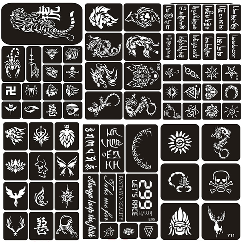 114 stk/sæt henna tatovering stencil tiger ulv drage arabiske bogstaver airbrush stencils til maling glitter pochoirs pour peinture
