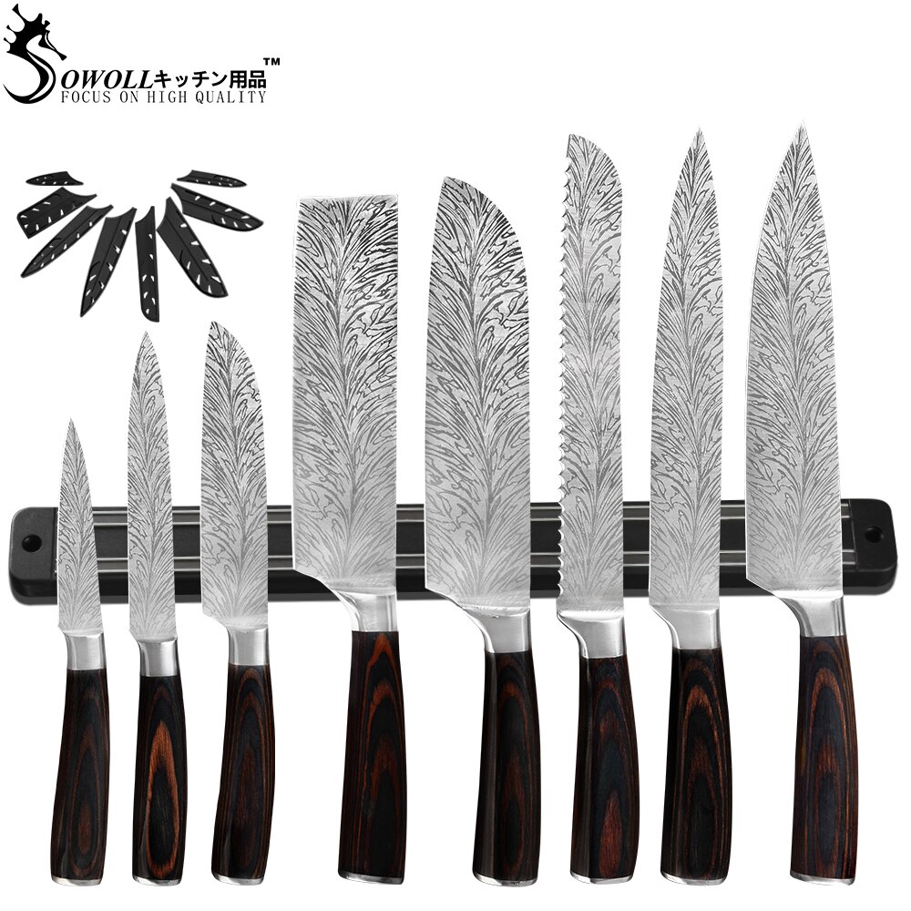 Sowoll couteaux porte-couteau mural magnétique | Ensemble de couteaux de Chef de cuisine, lame tranchante en acier inoxydable, porte-couteau damas veines lame tranchante