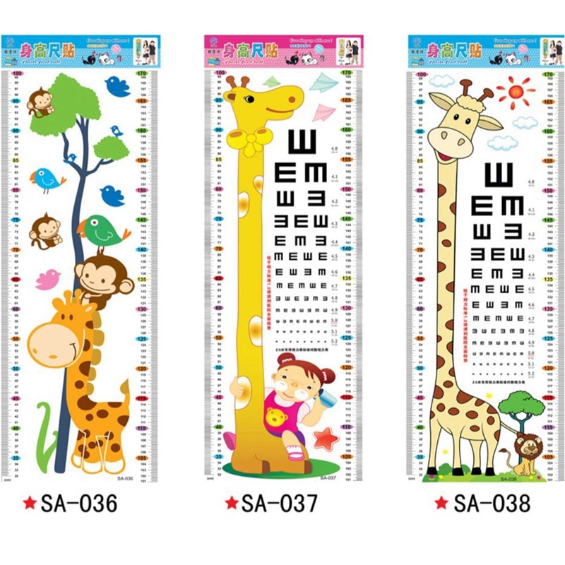 Tegneserie mål wallstickers til børneværelser giraf abe højde synsstyrke diagram lineal mærkater børnehave indretning