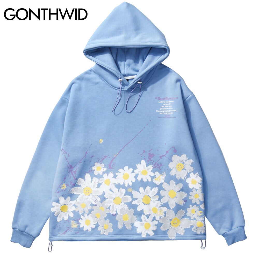 GONTHWID Graffiti Daisy Flowers Floral Print Fleece Hoodies Sweatshirts Mens Harajuku Casual Loose Hooded Tops Outwear Male