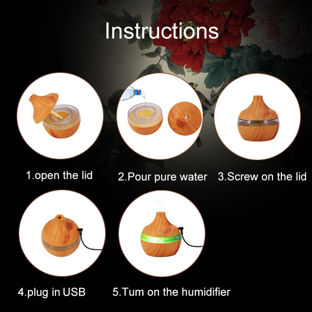 Wood Grain USB 300ml Air Humidifier Aromatherapy Aroma Essential Oil Diffuser with LED Light Mist Maker Colorful