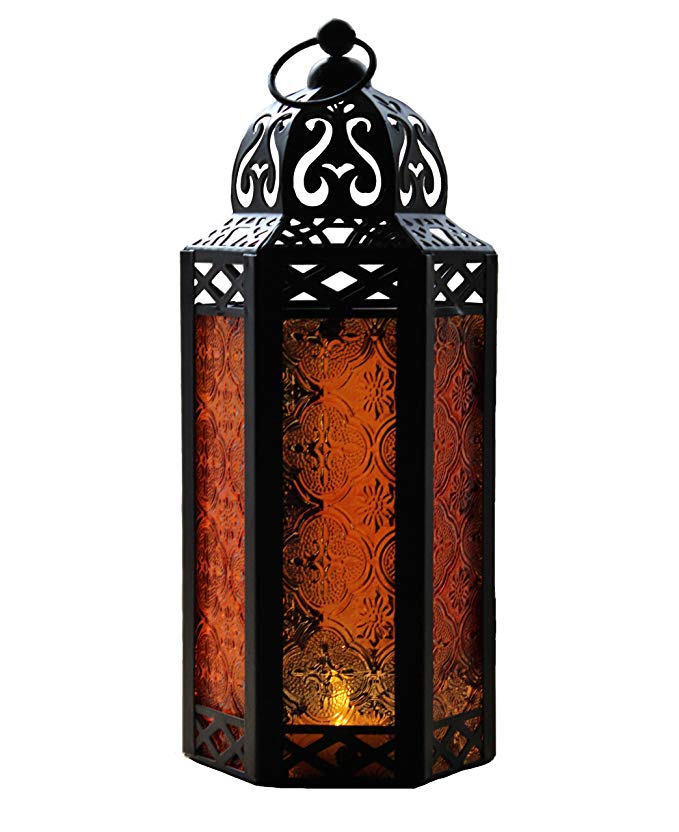 Support de lampe bougie en verre, 11.5 pouces, lanterne photophorique en métal, pièce centrale, décoration de jardin ou de Patio, de Style marocain: Orange