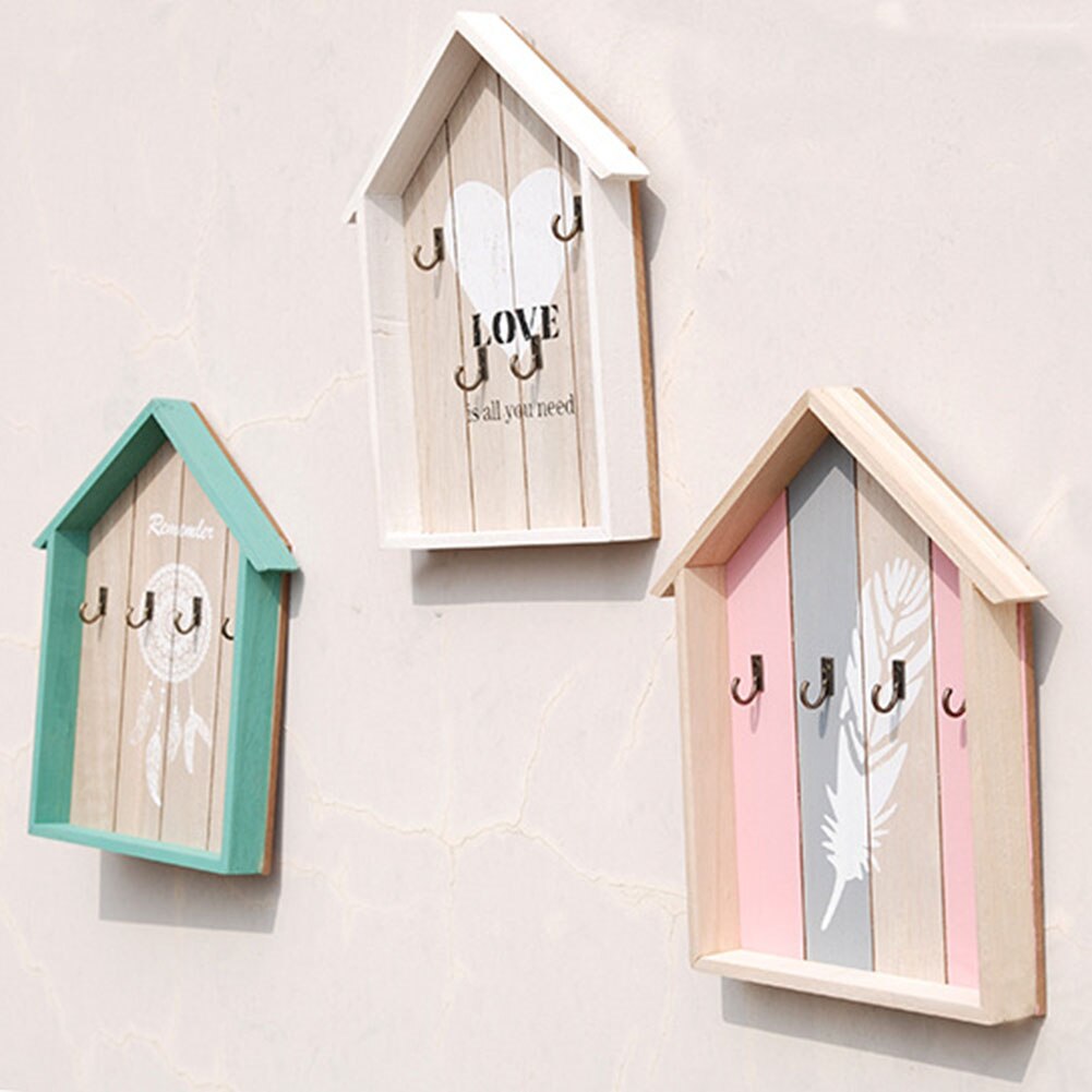 Entrance Door Key Box Mail Hanger Wall Holder Wood Key Rack Organizer Mount Hooks Home with 4 Key Hooks Wooden Crafts