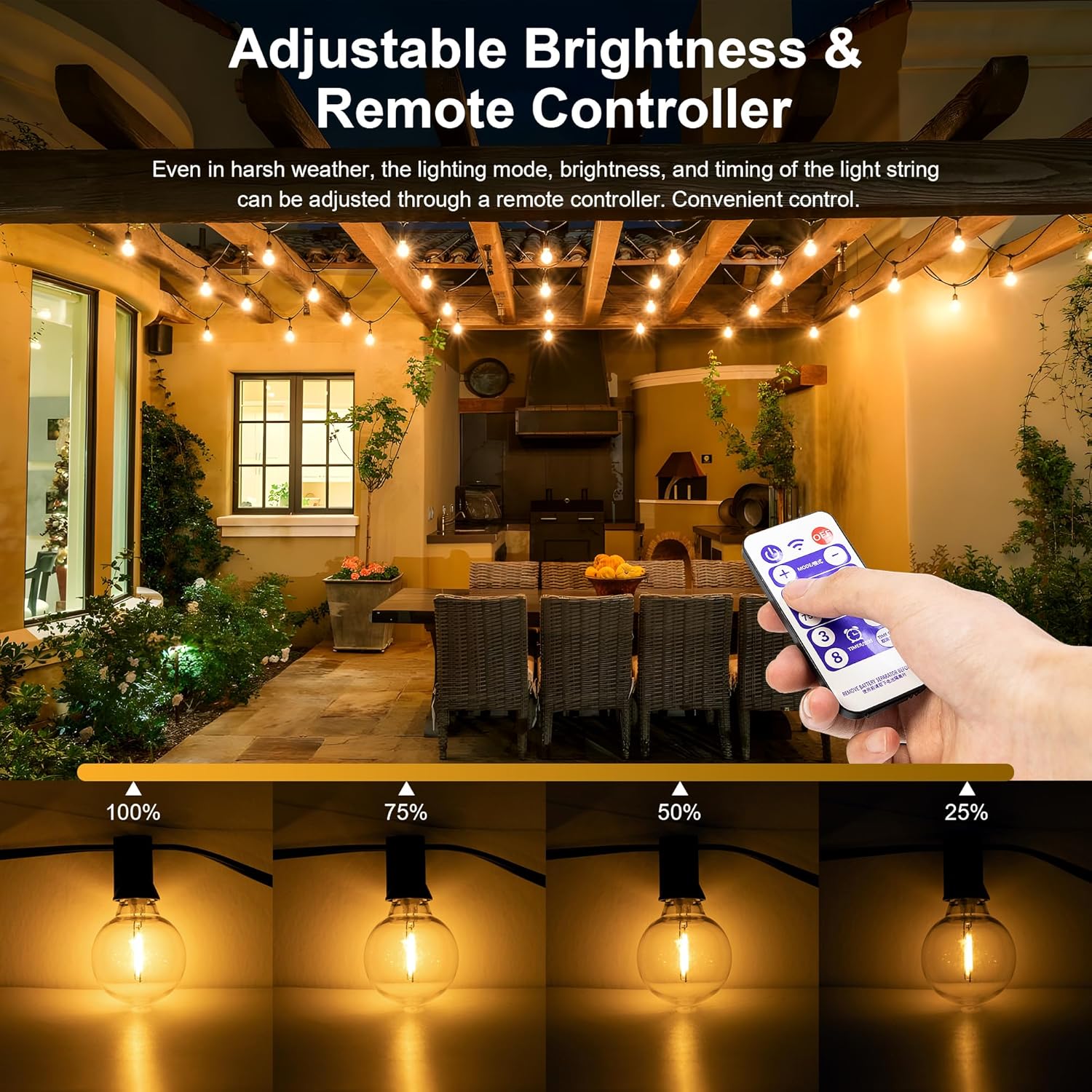 Guirnaldas de luces alimentadas por energía Solar para exteriores, luces de Patio G40 con bombillas LED inastillables, luces colgantes resistentes a la intemperie para bistró en el patio trasero