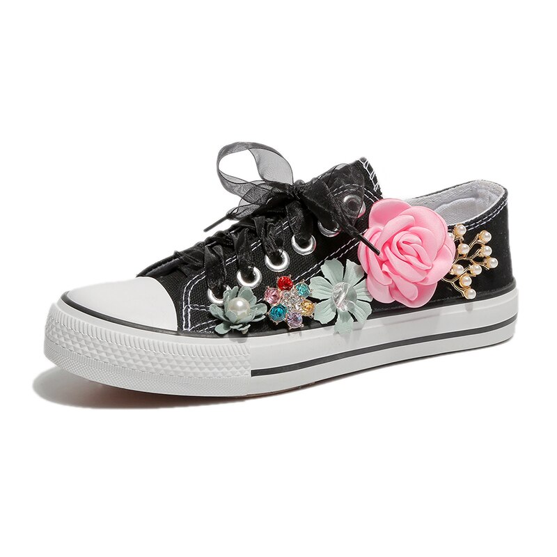 Femmes baskets été toile chaussures blanc ruban sangle coudre fleurs colorées perle diamant ruban à semelles épaisses plat W31-25: Black / 9
