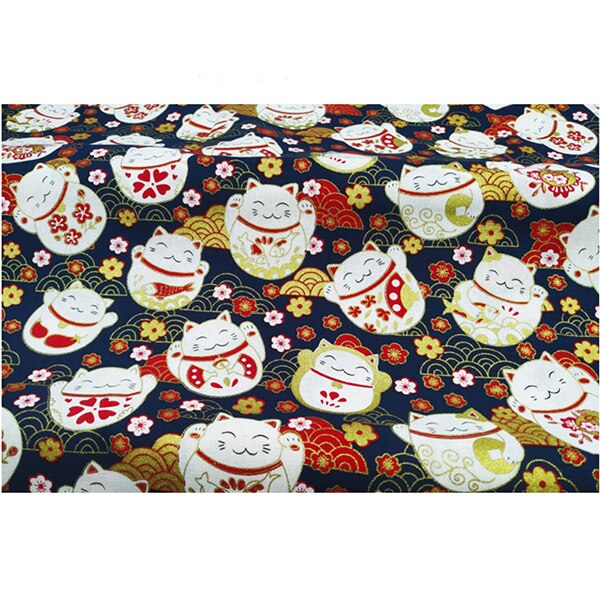 Marineblå rød lykkekat bomuld bronzing stof, forskåret systof patchworks quilting diy japansk stof: Fa190154-2 / 50 x 145cm