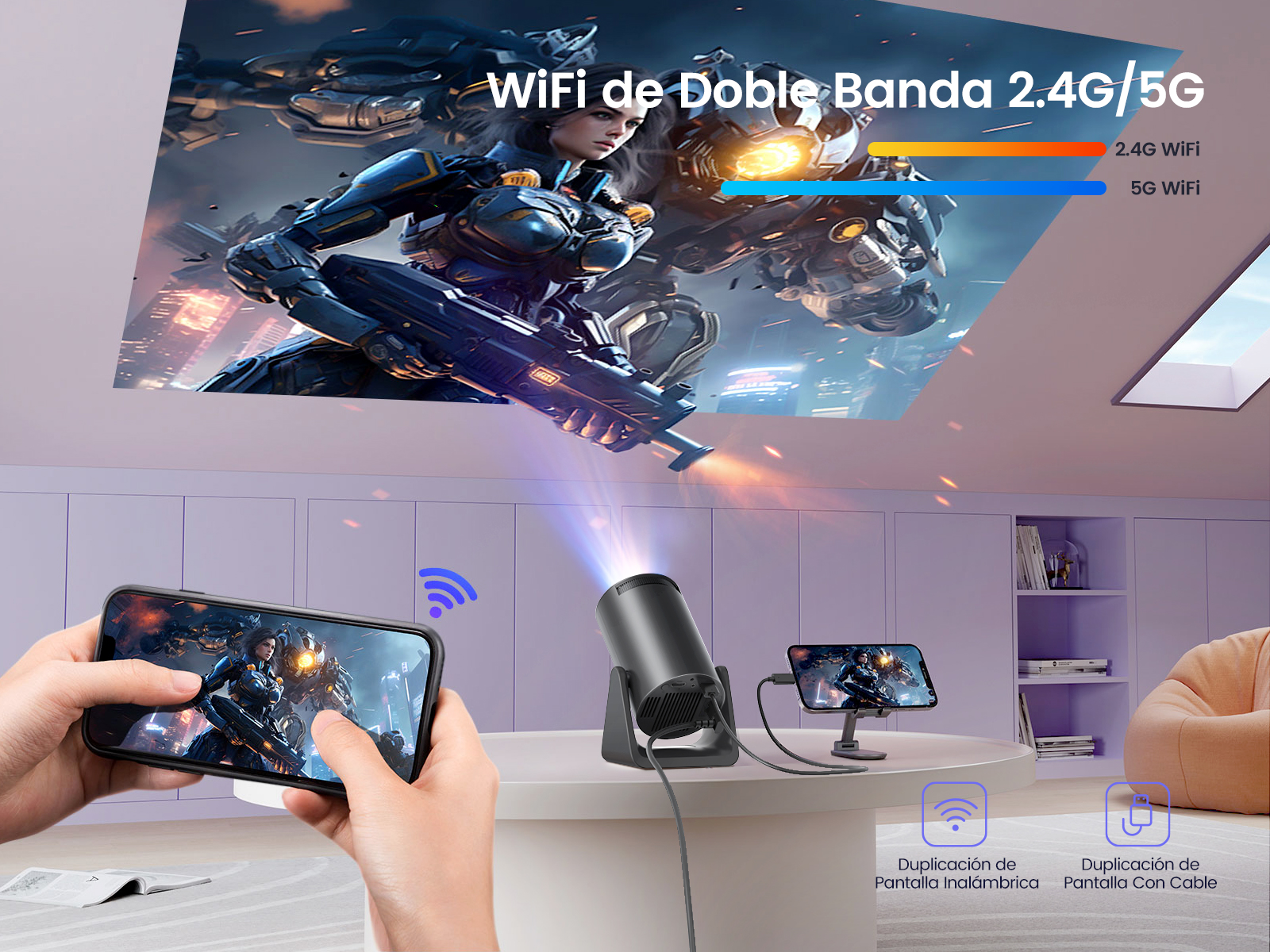 【Corrección trapezoidal automática】Mini proyector portátil con 270° soporte giratorio, Android 11,300 ANSI Wimius L1 proyector, WiFi6 Bluetooth proyector soporte 1080P, videoproyector de enfoque corto para cine en casa