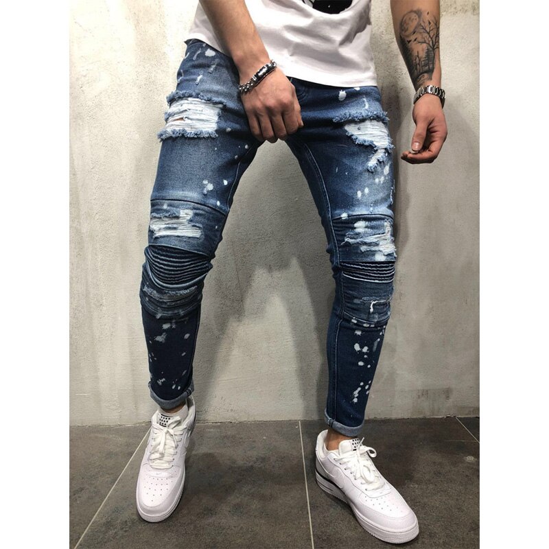 Plus Size Men Paint Point Ankle Zipper Skinny Denim Long Pants Hole Hip Hop Stretch Destroyed Ripped Jeans