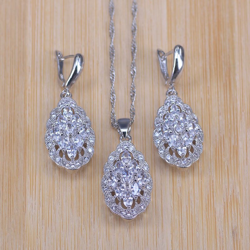 White Cubic Zircnoia Silver Color Bridal Jewelry Sets For Women Bracelet Earrings Necklace Pendant