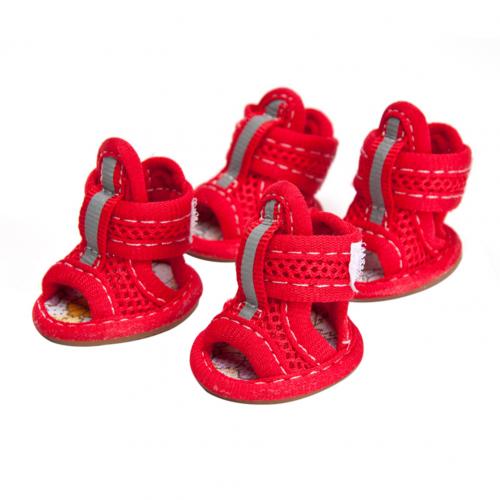 4 Stuks Rubber Mesh Katoen Ademende Anti-Slip Schoenen Huisdier Hond Puppy Sandalen: Rood / 4