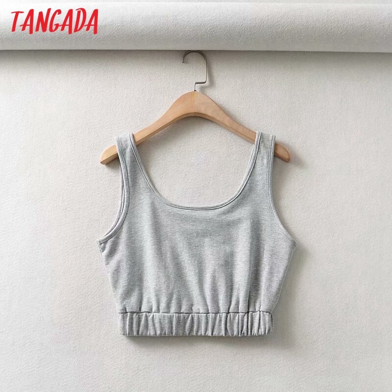 Tangada kvinder grå tank crop top ærmeløs rygløse korte bluser skjorter kvindelige afslappede solide toppe  tm1
