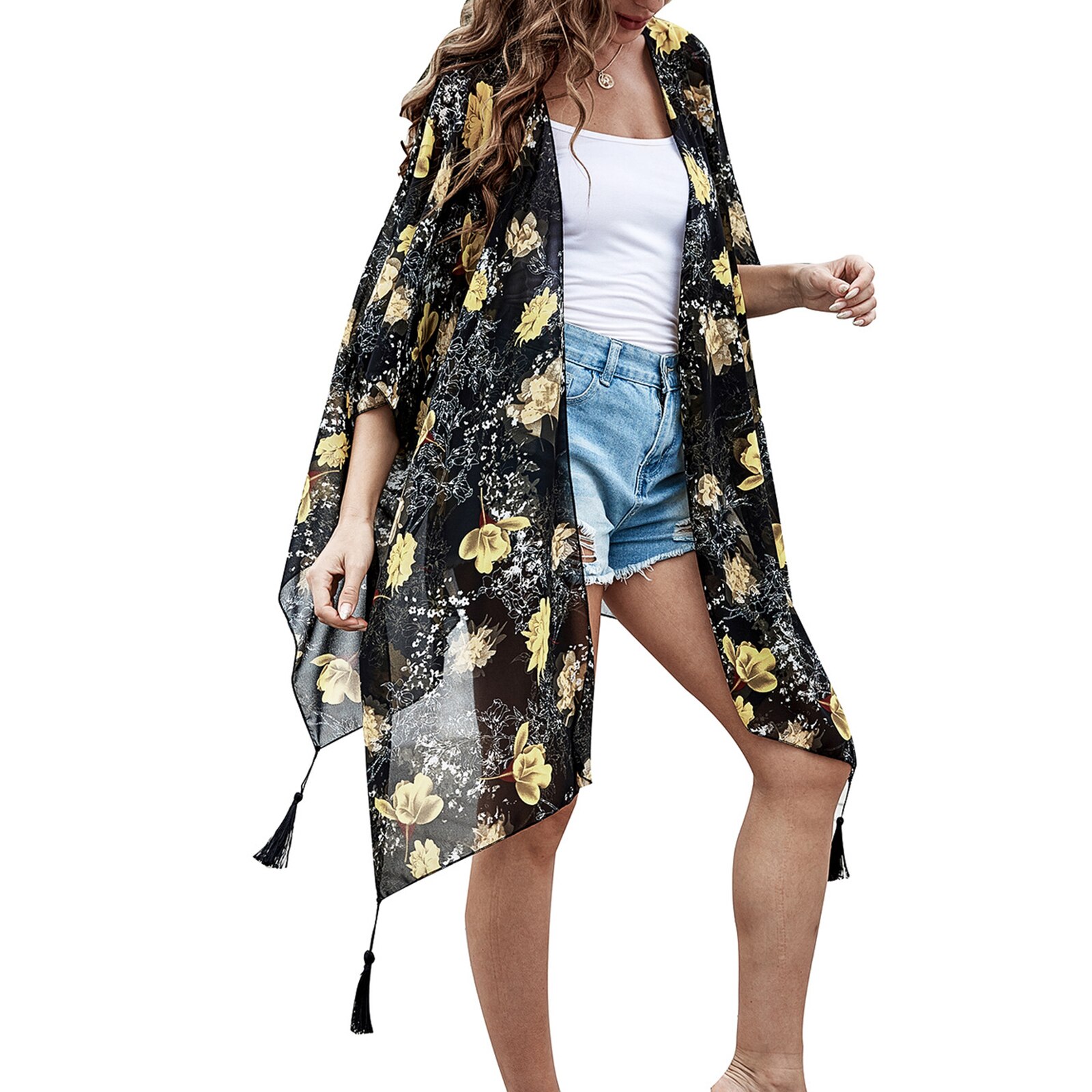 Kimono de gasa para mujer, cárdigan, Top, capa de playa, Bikini, cubierta