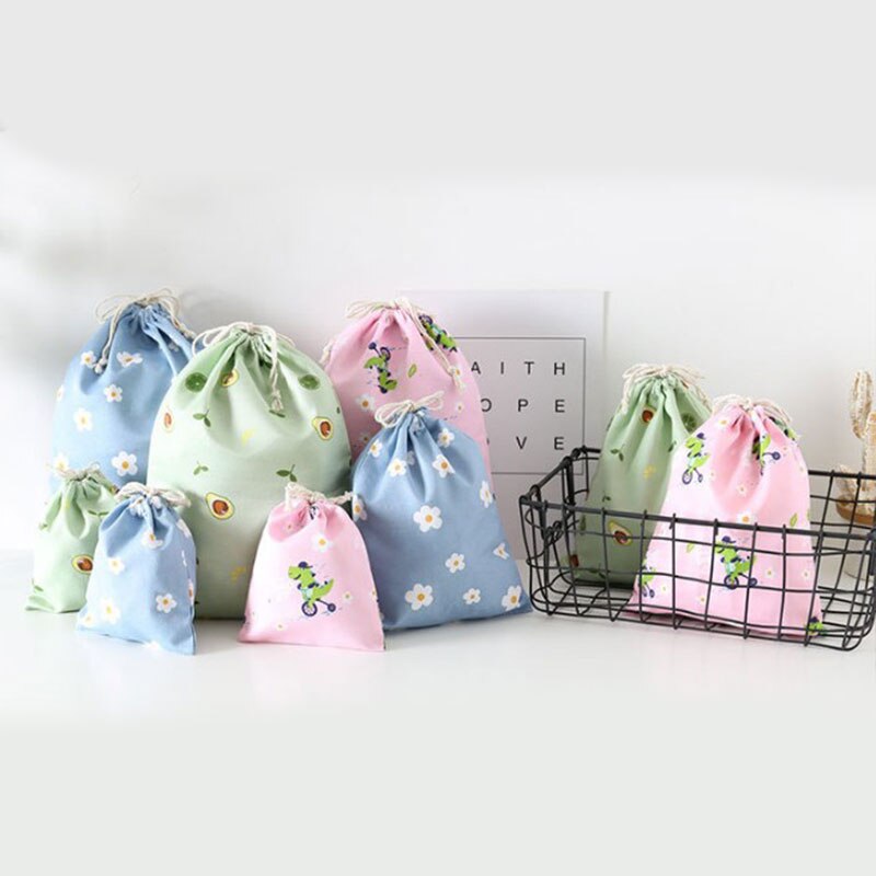 1PC Women Drawstring Bag Cute Flower Avocado Print Bag With Drawstring Girls Polyester Cotton Drawstring Pouch Storage Bags