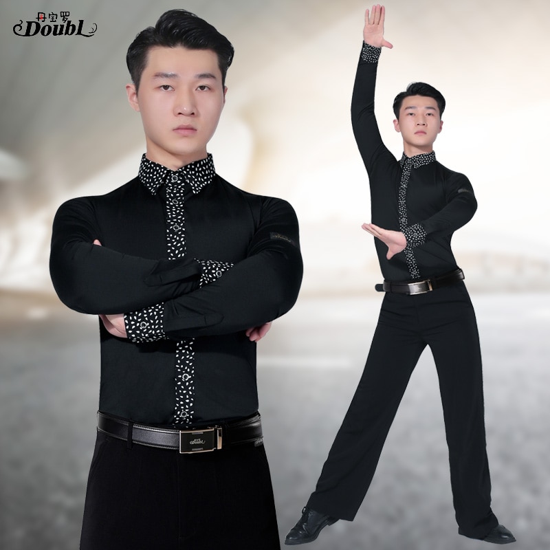 Doble de los hombres de camisas ropa de baile de salón vals tango Latina largo para baile de manga práctica negro rendimiento