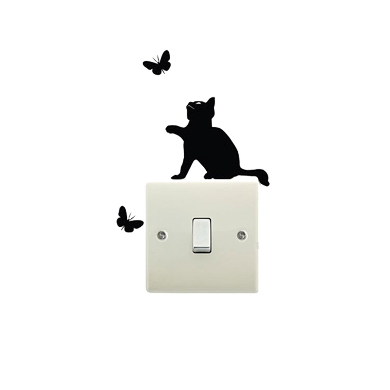 Leuke Kat en vlinder interessante Schakelaar Sticker vinyl switch decoratie home decor decals waterdicht Verwijderbare Muurstickers