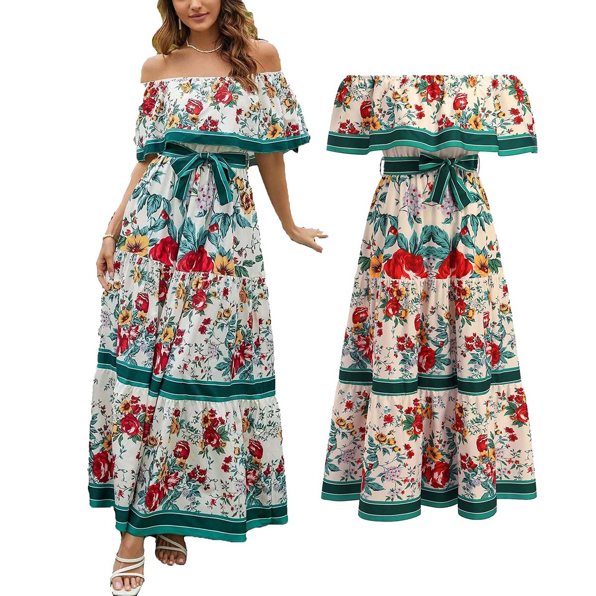 Mexican Traditional Ethnic Mexican Cinco De Mayo Summer Floral Print Off Shoulder Women Mexican Dress