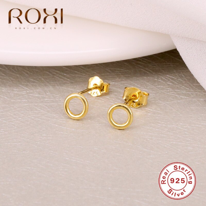 ROXI, joyería minimalista de , pendientes de tuerca de círculo redondo Punk geométrico para mujer, pendientes pequeños huecos de Plata de Ley 925