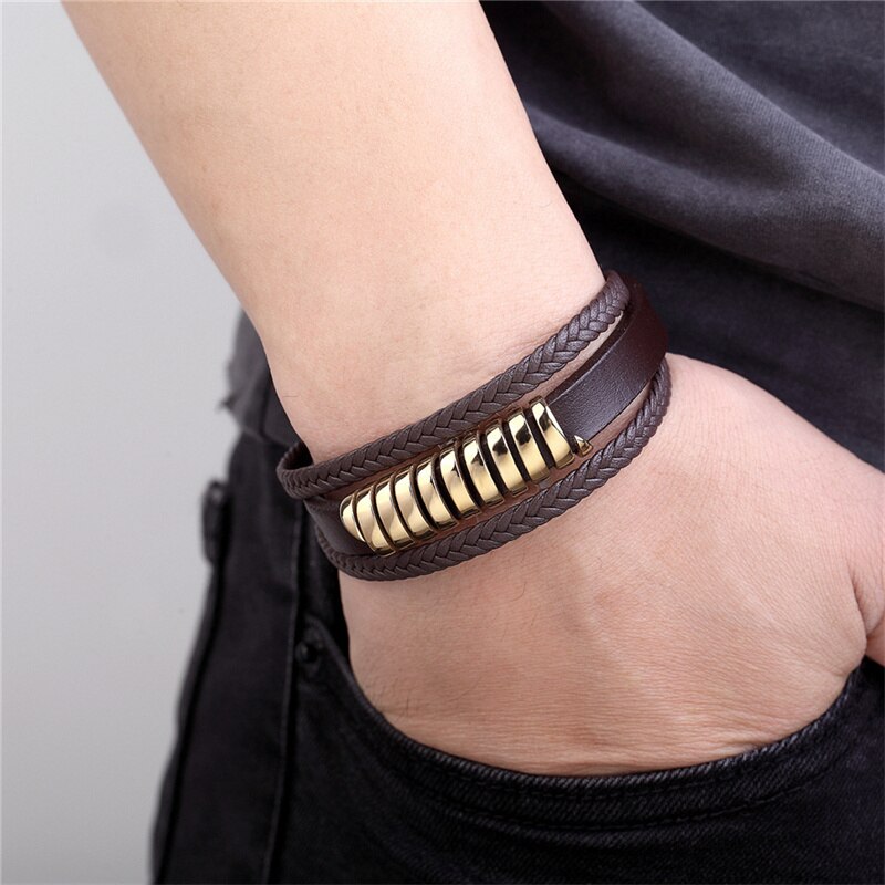 Lederen Armband Mannen Punk Stijl Rvs Magneet Knop Mutil-Layer Leren Armband Voor Mannen Sieraden
