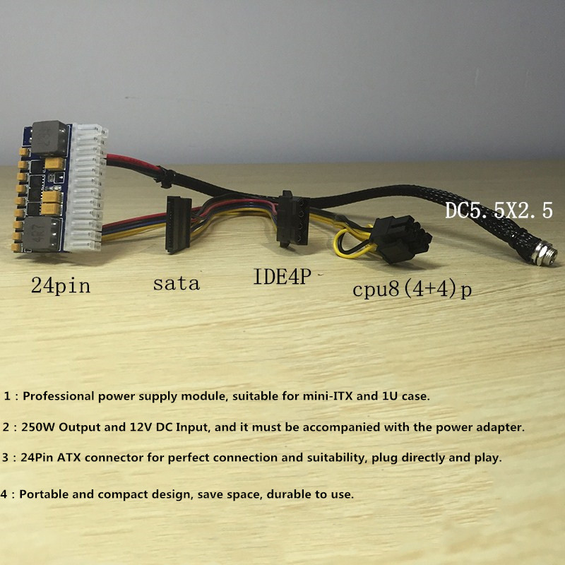 24- stifts dc atx/ mini/ itx psu 12v dc input 250w peak output switch dc-dc atx pico psu mini itx pc strömförsörjning för dator