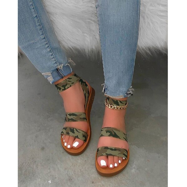 Sandales légères pour femmes, chaussures de plage d'été à une ligne, confortables, grande taille 37-42, collection sandales plates décontractées: Camouflage / 7
