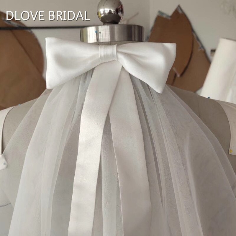 Style mignon court voile de mariée accessoire de mariage deux couches avec nœud en Satin ceinture