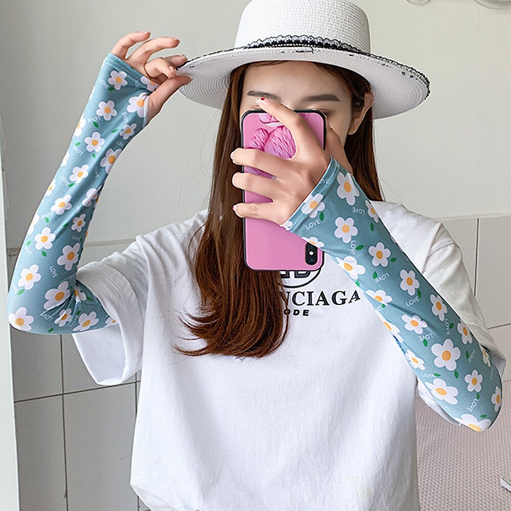 Dames arm mouwen ijs zijde koud fruit bloemen print zonnehandschoenen halve vinger auto armwarmers sport zonnebrandcrème mouw