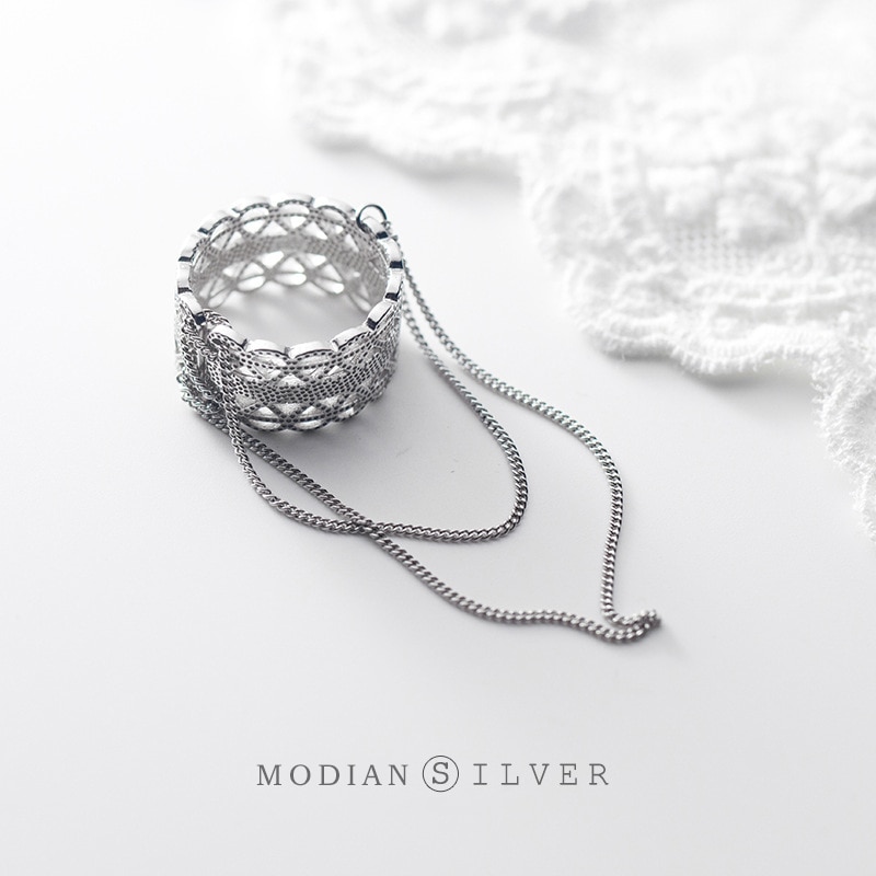 Modian Hollow Out Lace Twist Chain Tassel Rings for Women 925 Sterling Silver Open Adjustable Finger Ring Fine Jewelry